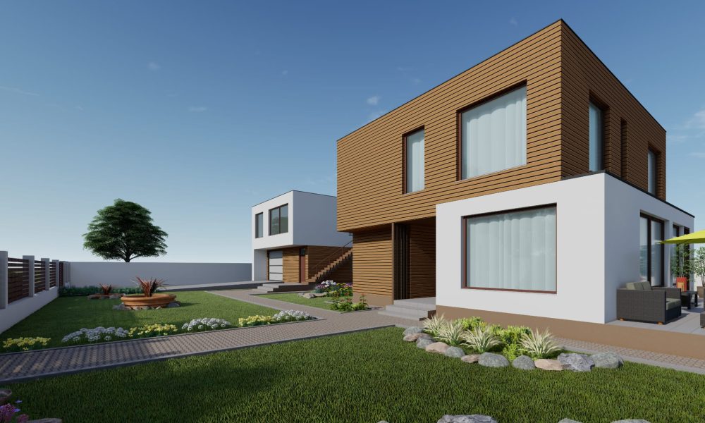 Model casă din lemn tip KUB, design modern, EcoCasa